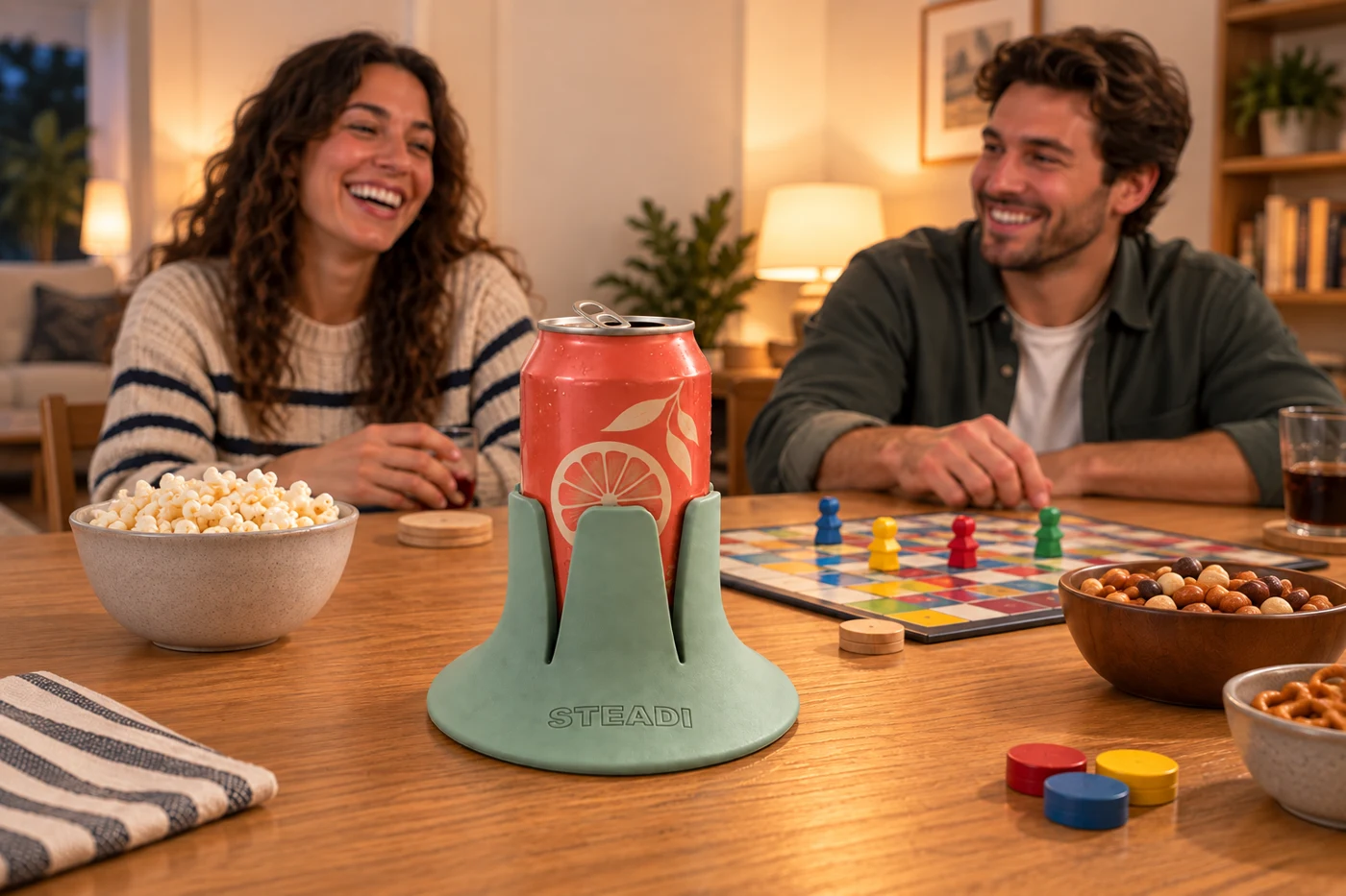 Drinks in Steadis beside a tabletop game. AI lifestyle illustration.